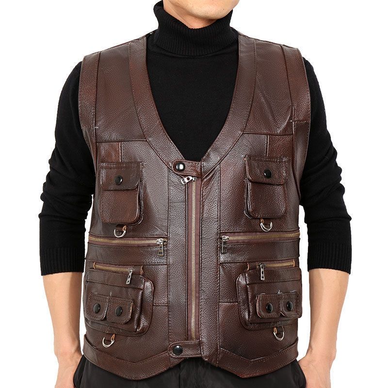 Leather Work Vest - Cowhide Genuine Leather Vest Waistcoat Male
