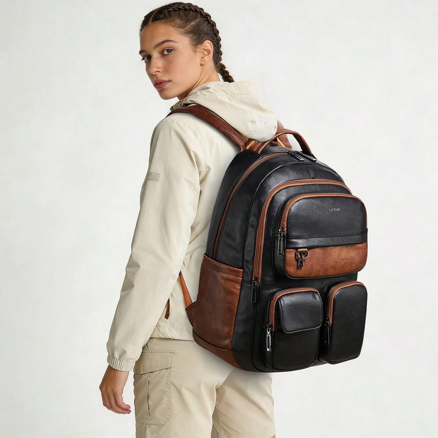 LATMAP Vegan Leather Backpack  - Leather Work Bag Laptop 评论和价格