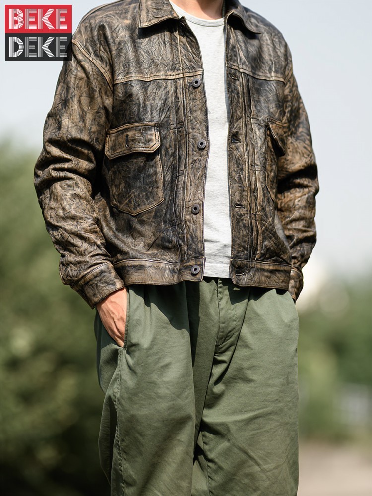 Vintage Wrinkled Real Sheepski - Leather Work Jacket Mens 评论和价格