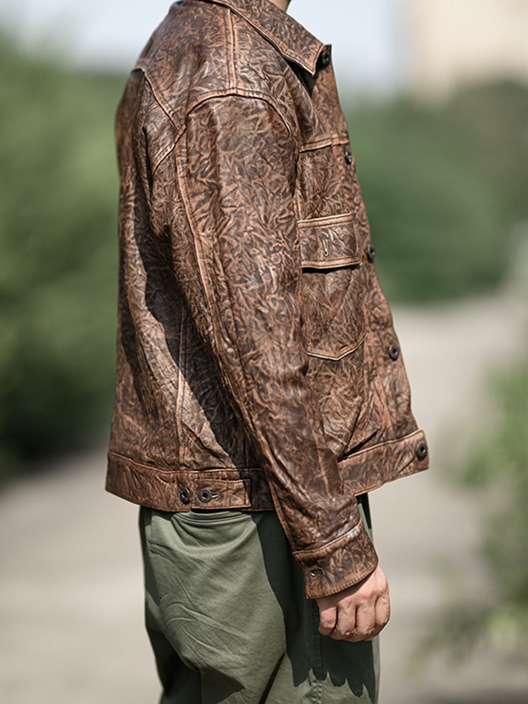 Vintage Wrinkled Real Sheepski - Leather Work Jacket Mens 评论和价格