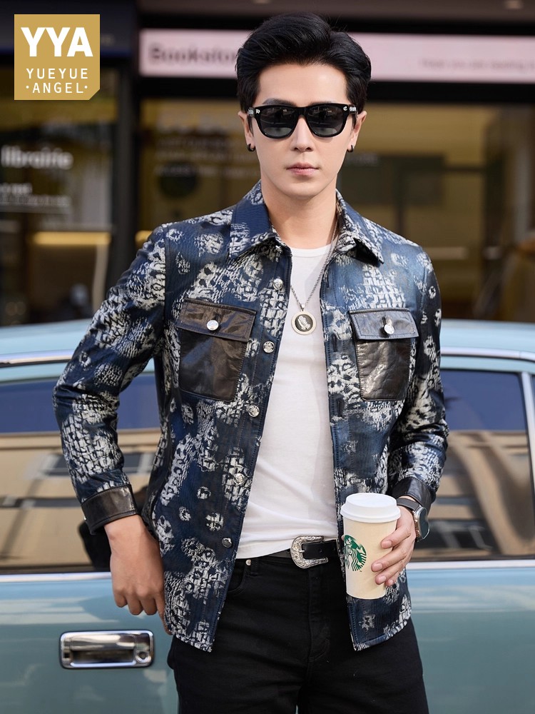 Luxury New Fashion Floral Prin - Leather Work Jacket Mens 评论和价格