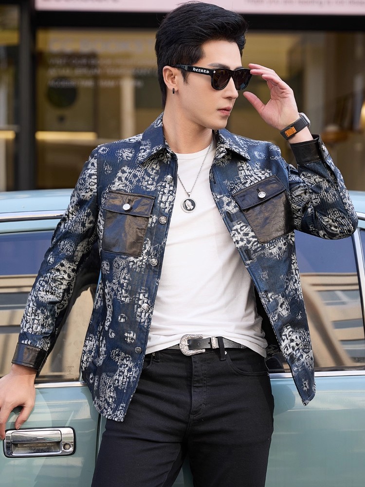Luxury New Fashion Floral Prin - Leather Work Jacket Mens 评论和价格