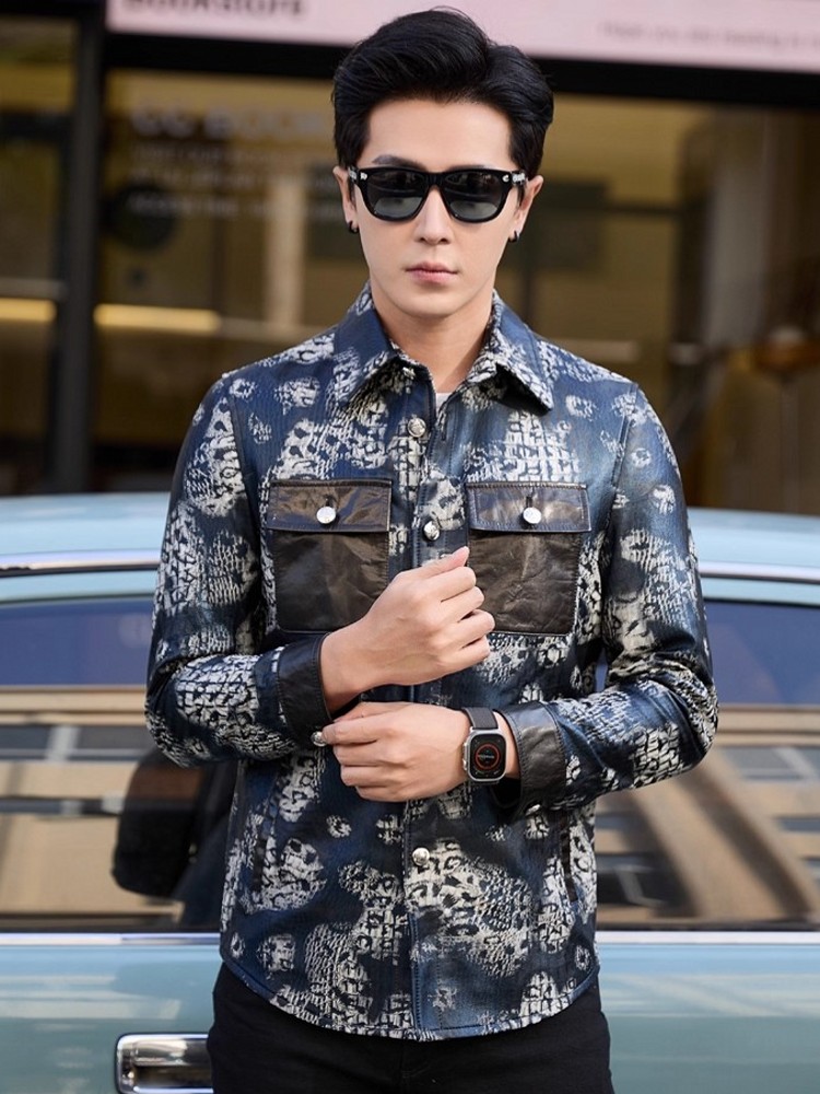 Luxury New Fashion Floral Prin - Leather Work Jacket Mens 评论和价格