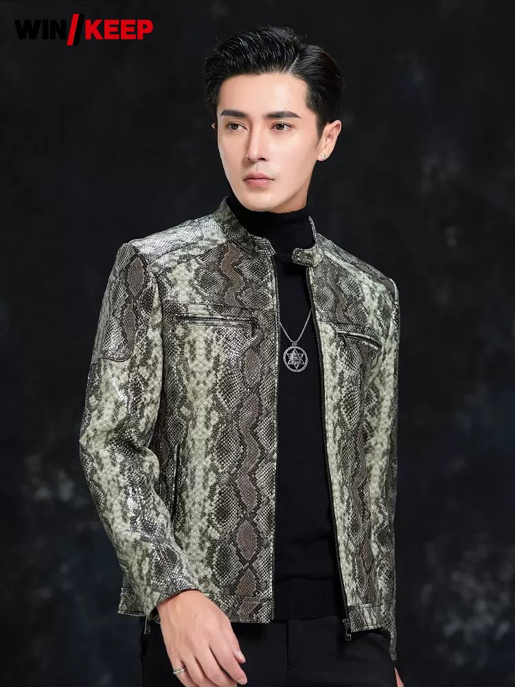 Spring Men Snake Pattern Sheep - Leather Work Jacket Mens 评论和价格