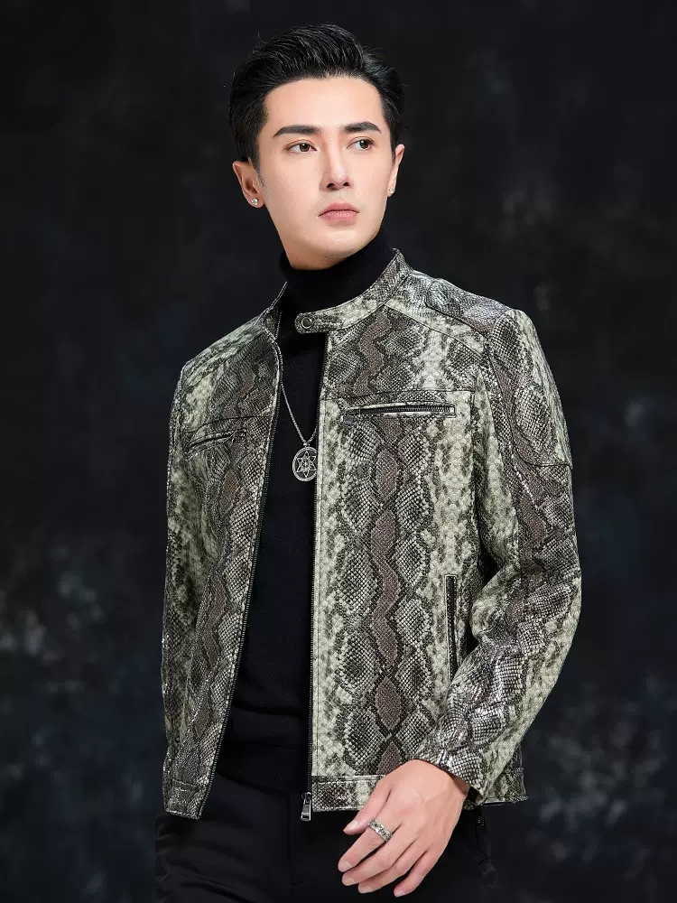 Spring Men Snake Pattern Sheep - Leather Work Jacket Mens 评论和价格