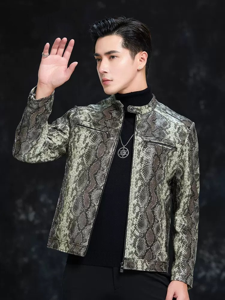 Spring Men Snake Pattern Sheep - Leather Work Jacket Mens 评论和价格