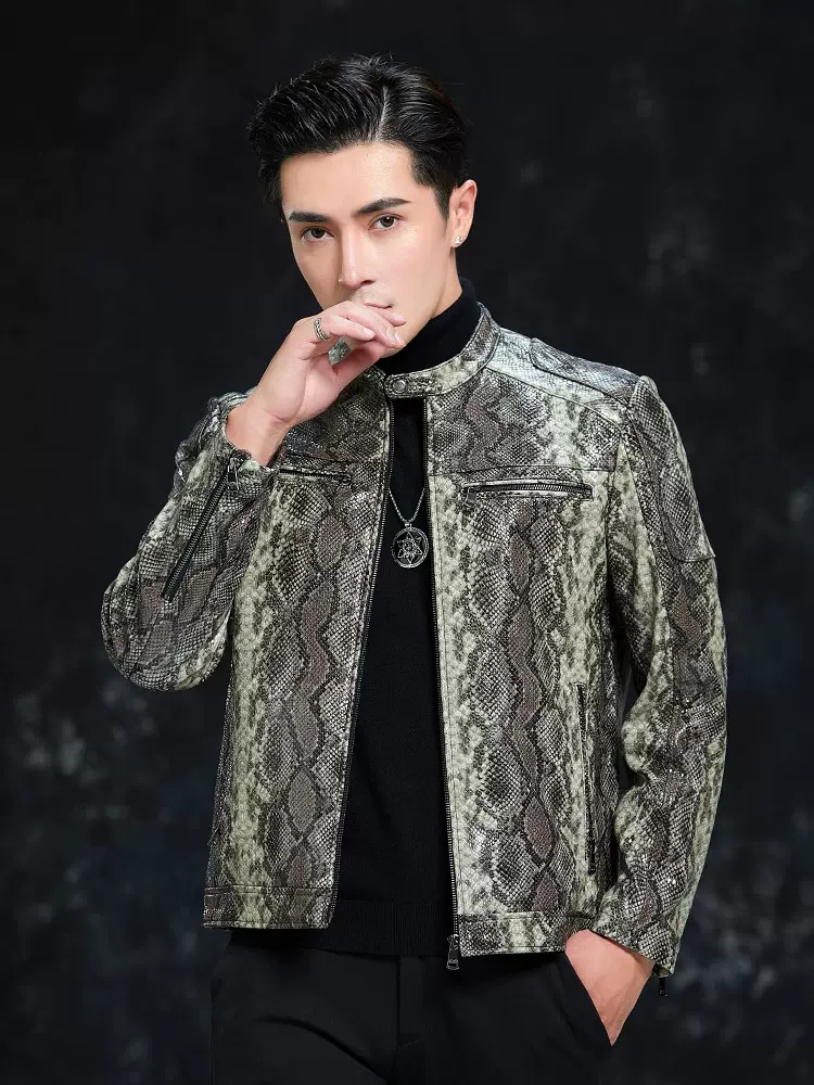 Spring Men Snake Pattern Sheep - Leather Work Jacket Mens 评论和价格