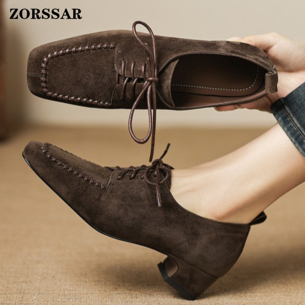 Women's Brown Suede Square Toe - Leather Work Oxfords 评论和价格