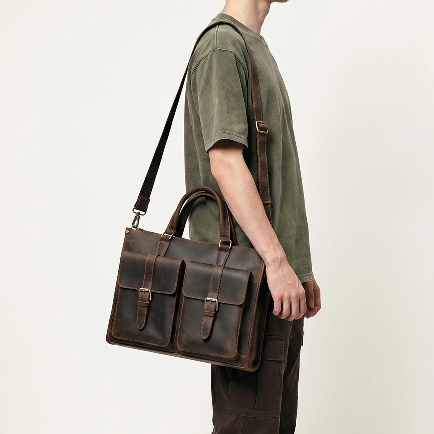 Vintage Genuine Leather Men Cr - Leather Work Bag Laptop 评论和价格