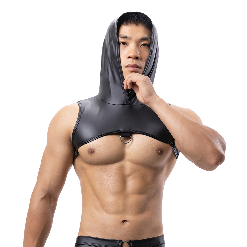 Men Faux Leather Hooded Fitnes - Leather Work Vest 评论和价格