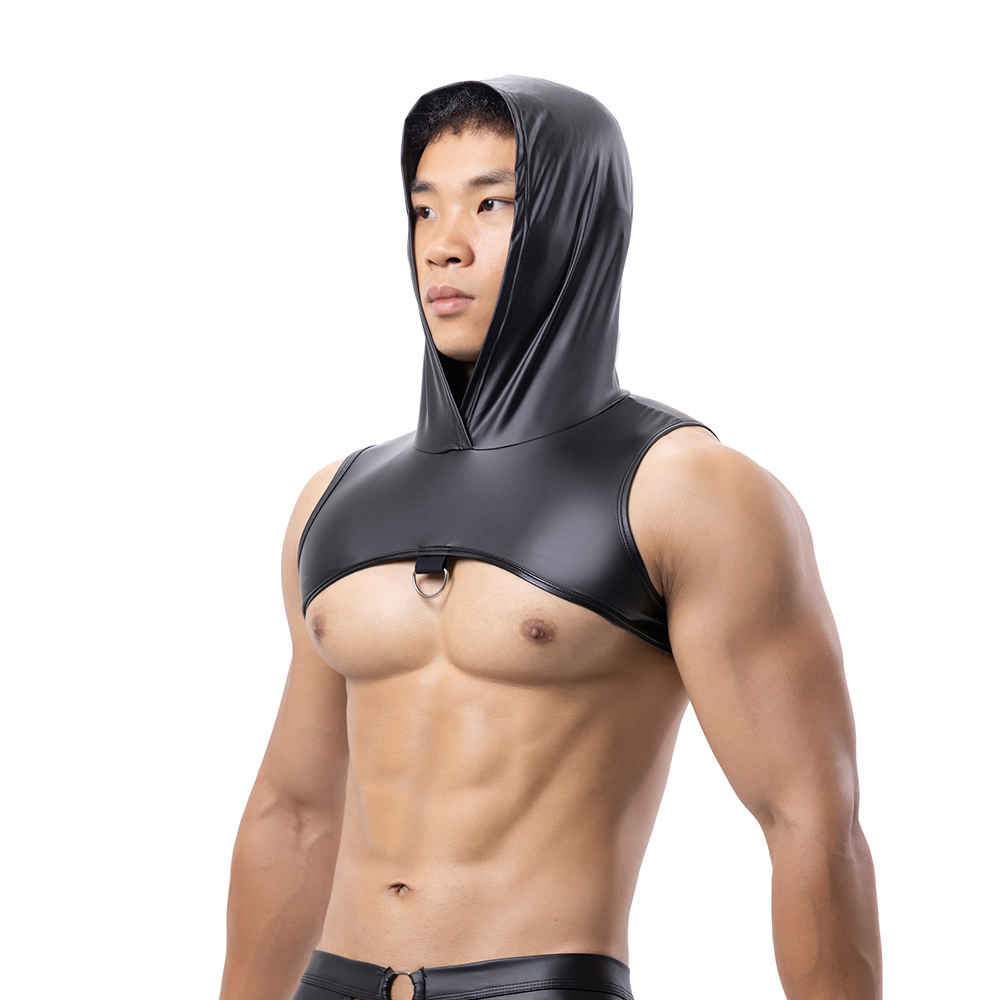 Men Faux Leather Hooded Fitnes - Leather Work Vest 评论和价格