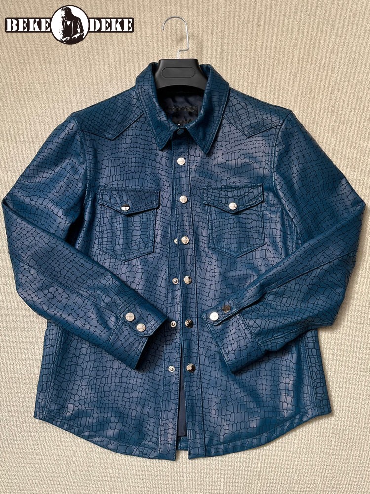 Men Spring Crocodile Pattern R - Leather Work Jacket Mens 评论和价格