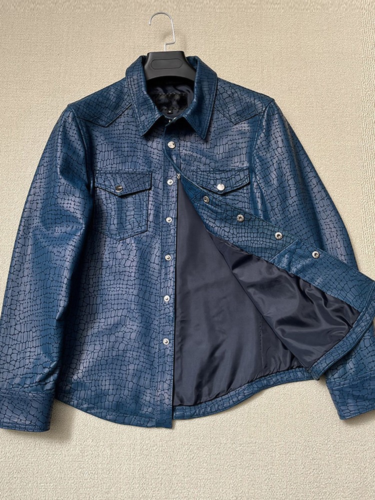 Men Spring Crocodile Pattern R - Leather Work Jacket Mens 评论和价格